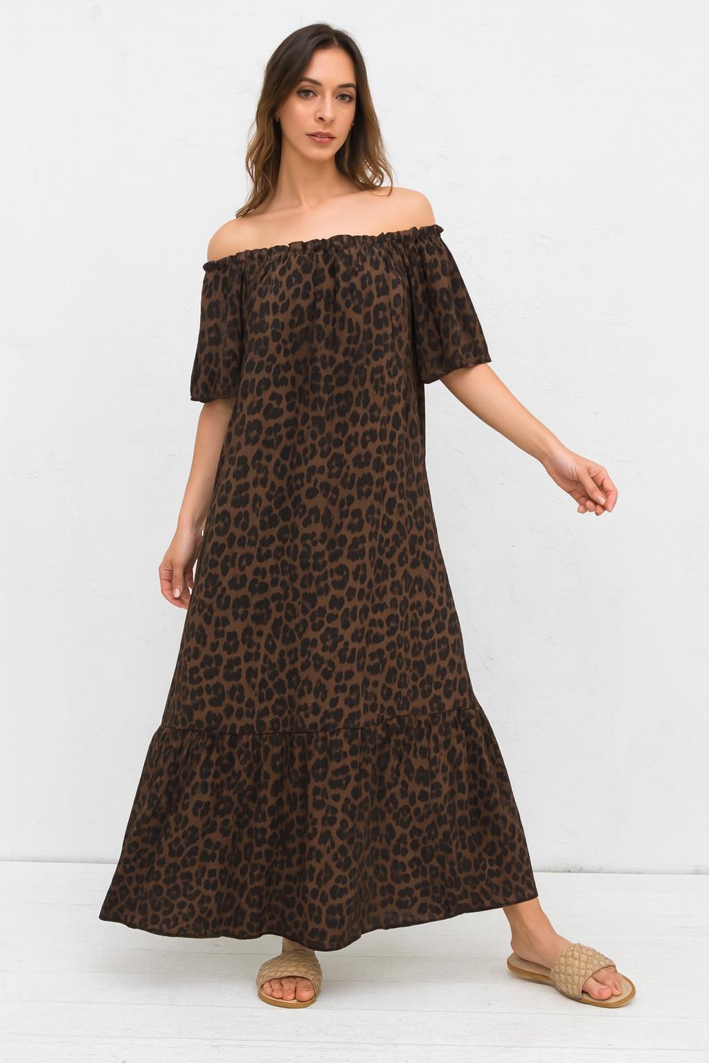 Leopardenmuster Maxikleid – Schulterfrei