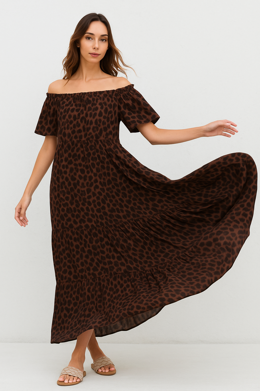 Leopardenmuster Maxikleid – Schulterfrei