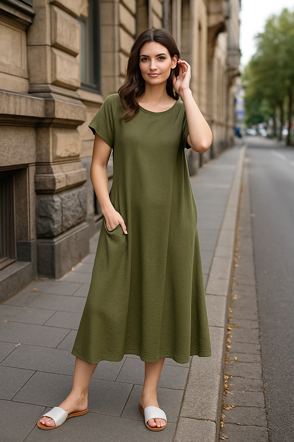 Luftiges Sommerkleid – Khaki – Bis Größe 44