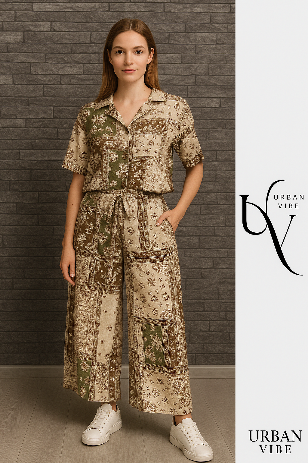 Urban Vibe Boho-Set mit Ethno-Print – Beige & Olive