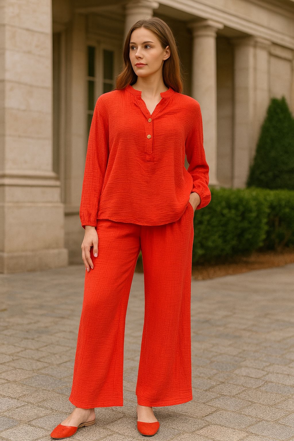 Zweiteiler aus Musselin in leuchtendem Rot – One Size (passt 38–42)