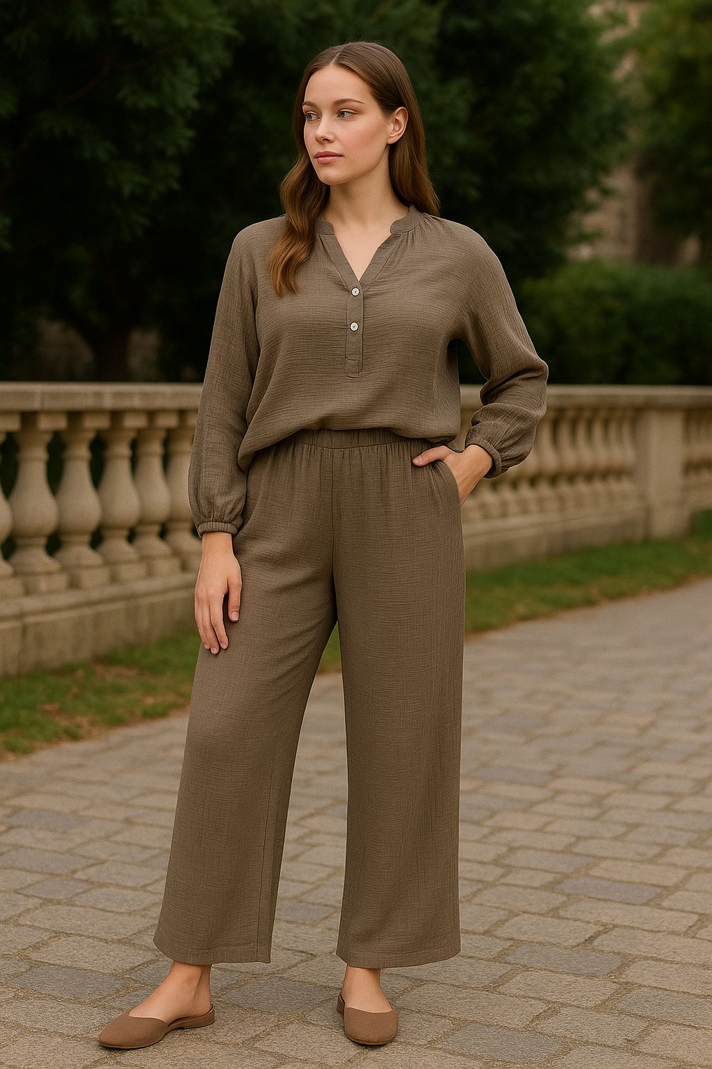 Zweiteiler aus Musselin in Taupe – One Size (passt 38–42)