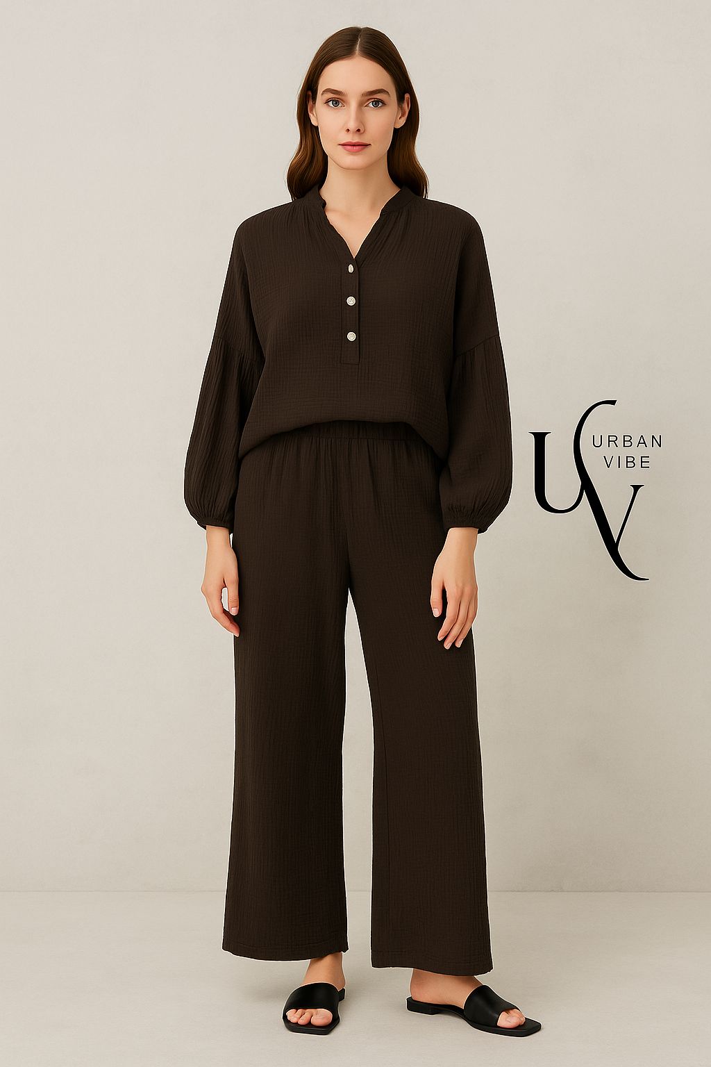 Urban Vibe Musselin-Zweiteiler in Dunkelbraun – One Size (passt 38–42)