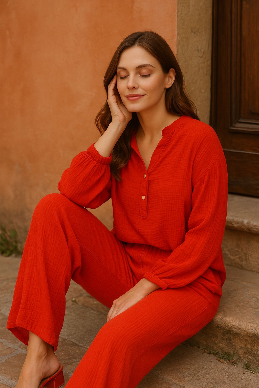 Zweiteiler aus Musselin in leuchtendem Rot – One Size (passt 38–42)