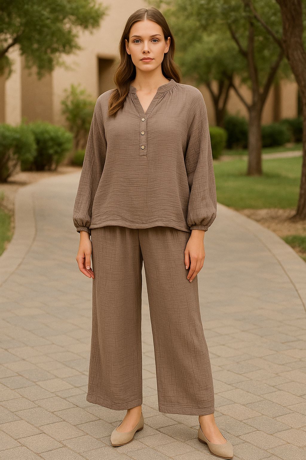 Zweiteiler aus Musselin in Taupe – One Size (passt 38–42)