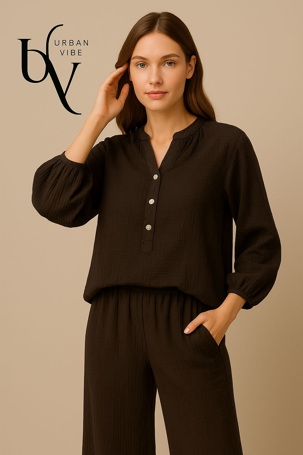 Urban Vibe Musselin-Zweiteiler in Dunkelbraun – One Size (passt 38–42)